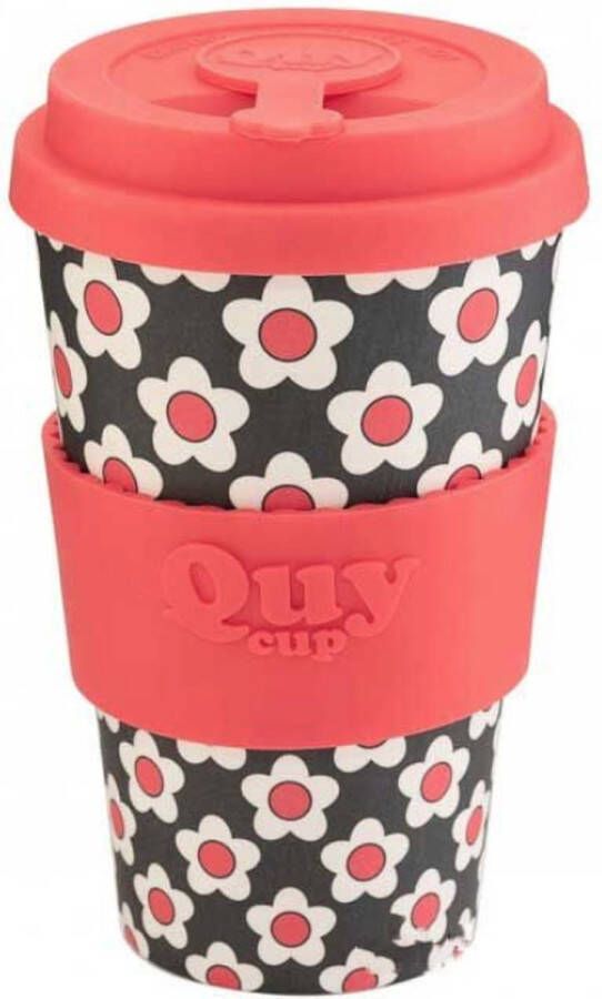 Quy cup 400ml Ecologische reisbeker Daisy Black Gerecycleerde flessen met rode siliconen deksel 9x9xH15cm