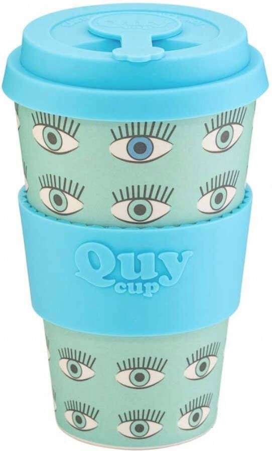 Quy cup 400ml Ecologische reisbeker Ogen Gerecycleerde flessen met lichtblauwe siliconen deksel 9x9xH15cm