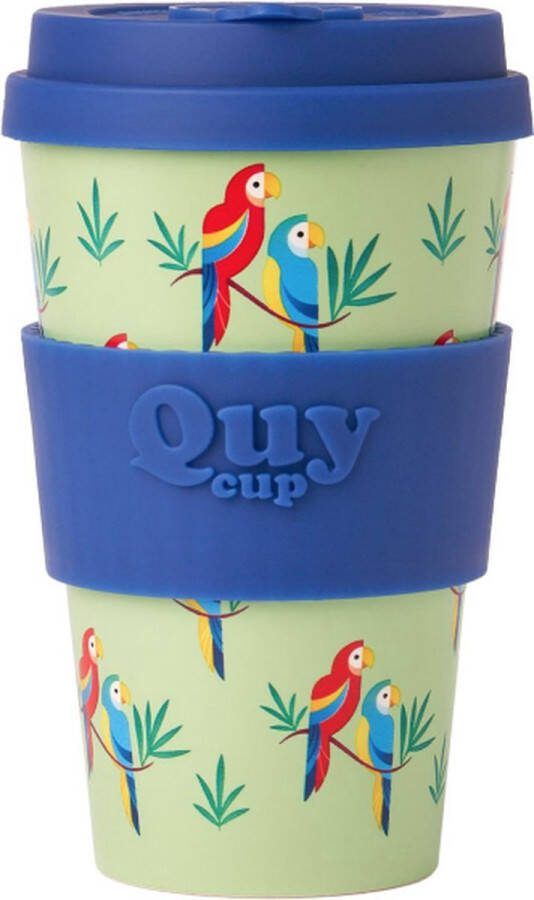 Quy cup 400ml Ecologische reisbeker Pappagallo Gerecycleerde flessen met blauw siliconen deksel 9x9xH15cm