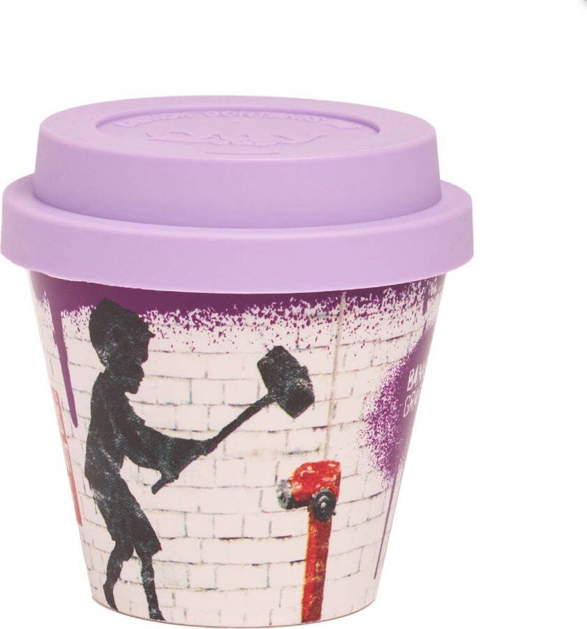 Quy cup 90ml Ecologische Espresso Reisbeker De originele Banksy's Graffiti Hammer Boy met paars Siliconen deksel 7x7x7cm