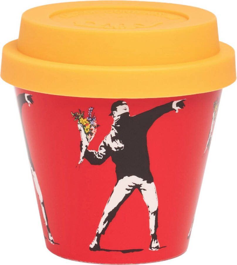 Quy cup 90ml Ecologische Espresso Reisbeker De originele Banksy's Graffiti The Flower Thrower met gele deksel 7x7x7cm