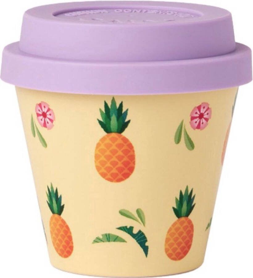 Quy cup 90ml Ecologische Reis Beker Espressobeker “Ananas” met paars Siliconen deksel 7x7x7cm