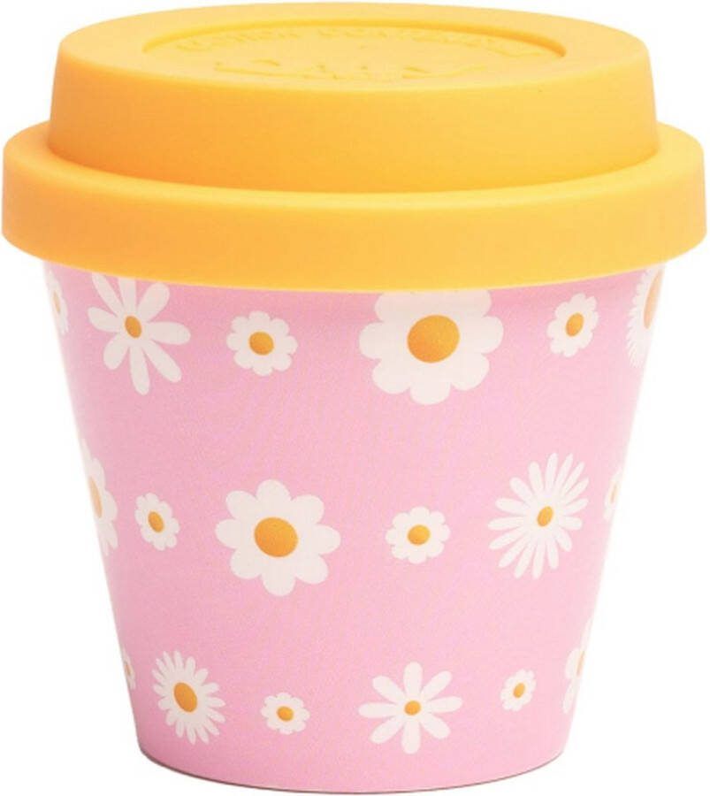 Quy cup 90ml Ecologische Reis Beker Espressobeker “ART” met Geel Siliconen deksel 7x7x7cm