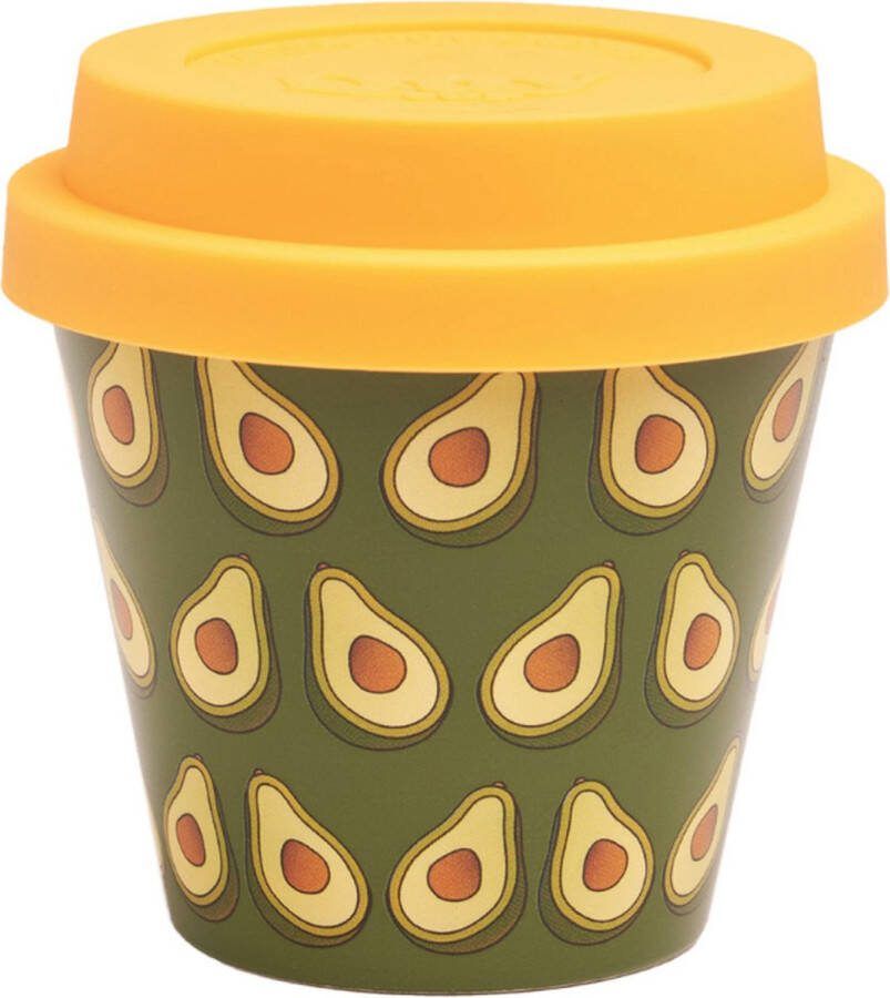 Quy cup 90ml Ecologische Reis Beker Espressobeker “Avo” met gele Siliconen deksel 7x7x7cm