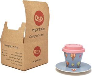 Quy cup 90ml Ecologische Reis Beker Espressobeker “Ballon” met schotel en Rose Siliconen deksel Set 1 Espresso Cup with Dish