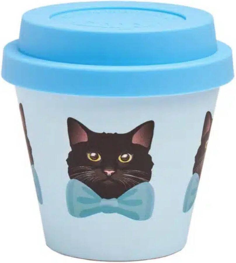 Quy cup 90ml Ecologische Reis Beker Espressobeker “Black Pippo” met licht blauw Siliconen deksel 7x7x7cm