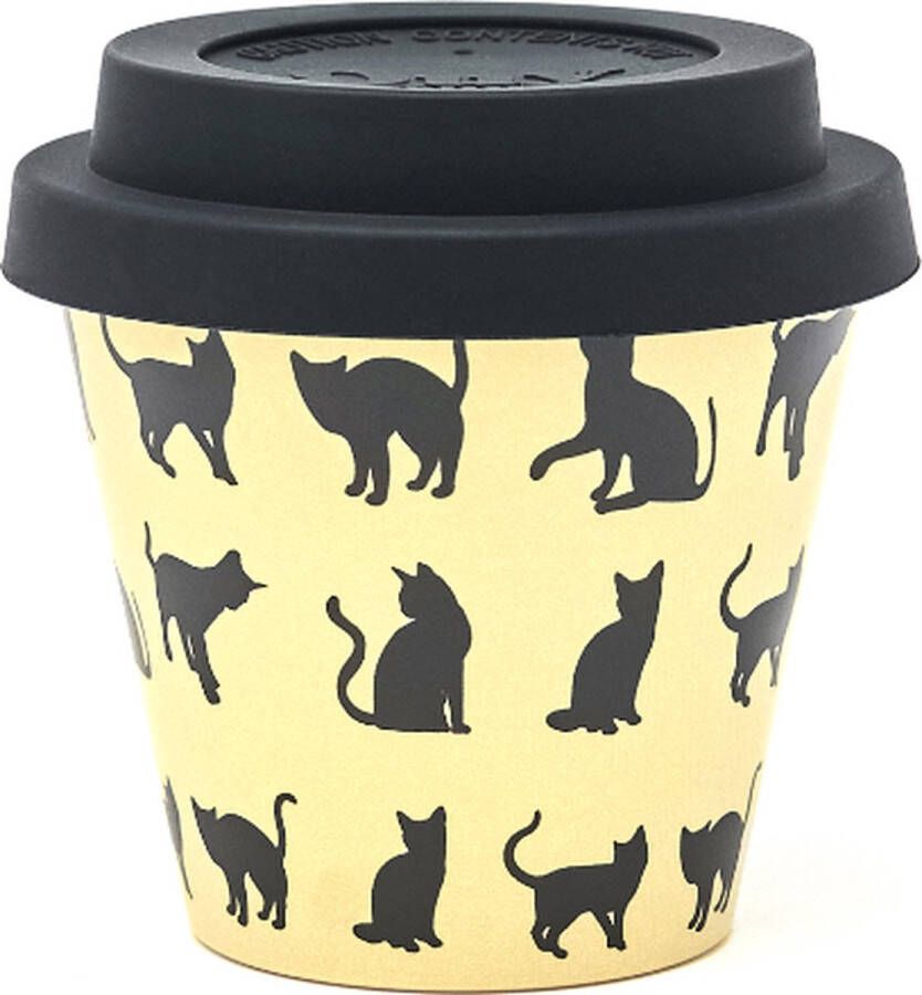 Quy cup 90ml Ecologische Reis Beker Espressobeker “Bobi Black Cat” met Zwarte Siliconen deksel