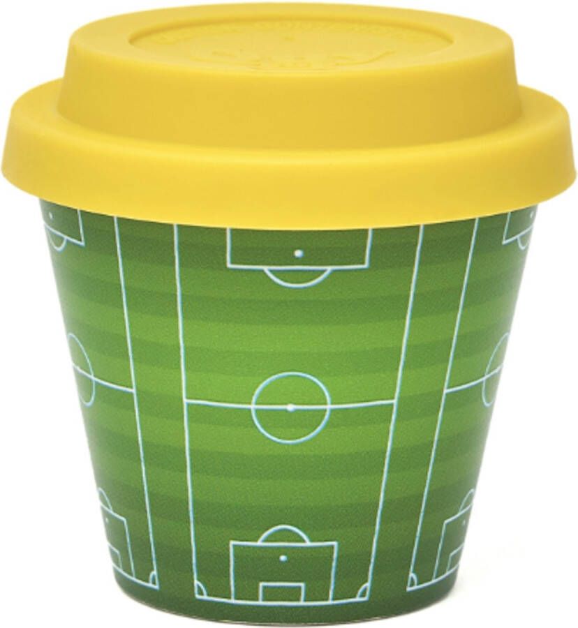 Quy cup 90ml Ecologische Reis Beker Espressobeker “Calcio” met Gele Siliconen deksel