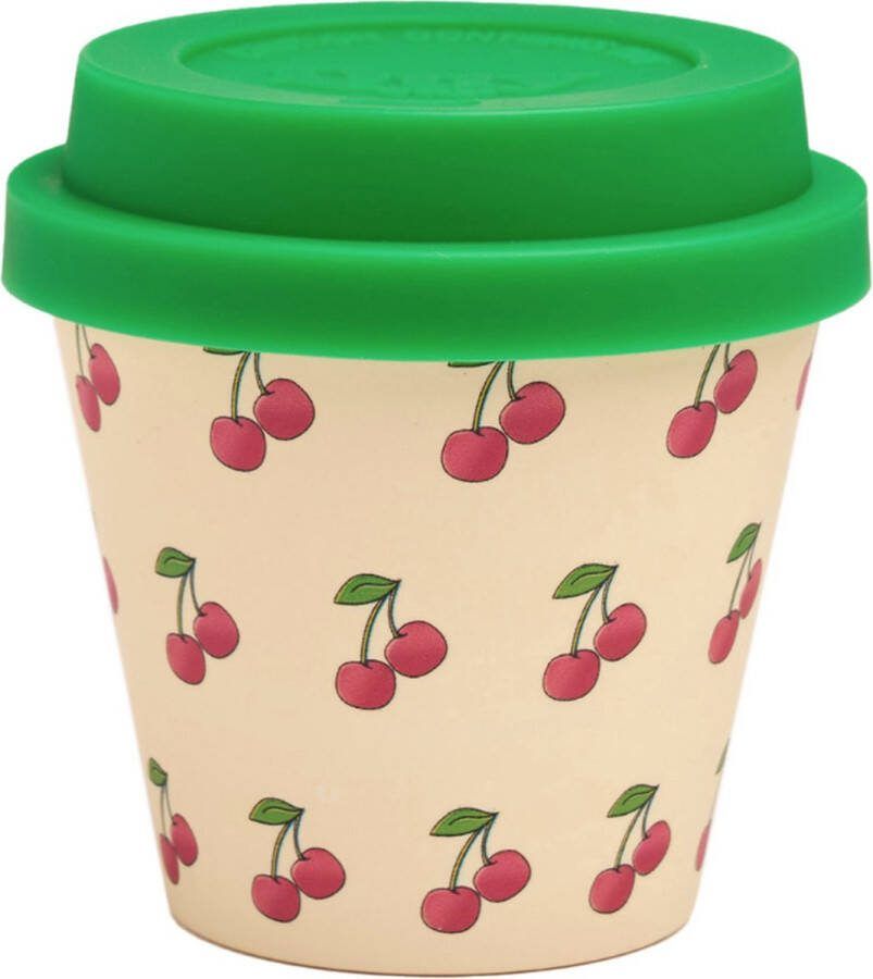 Quy Cup 90ml Ecologische Reis Beker Espressobeker “Ciliegia” met groen Siliconen deksel 7x7x7cm