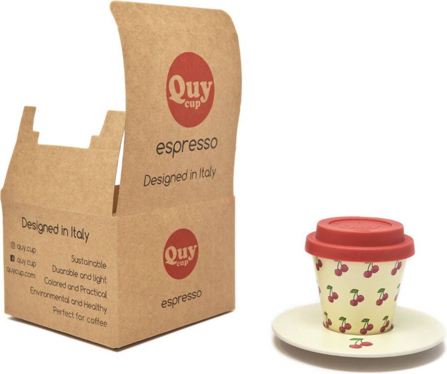 Quy cup 90ml Ecologische Reis Beker Espressobeker “Ciliegia” met schotel en Rode Siliconen deksel Set 1 Espresso Cup with Dish