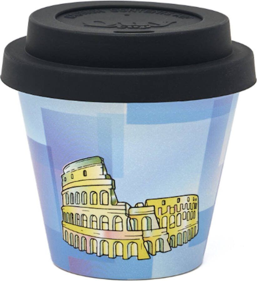 Quy cup 90ml Ecologische Reis Beker Espressobeker City Collection “Roma” met Zwarte Siliconen deksel