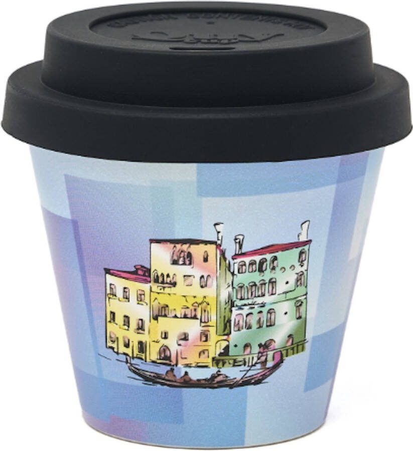 Quy cup 90ml Ecologische Reis Beker Espressobeker City Collection “Venezia” met Zwarte Siliconen deksel