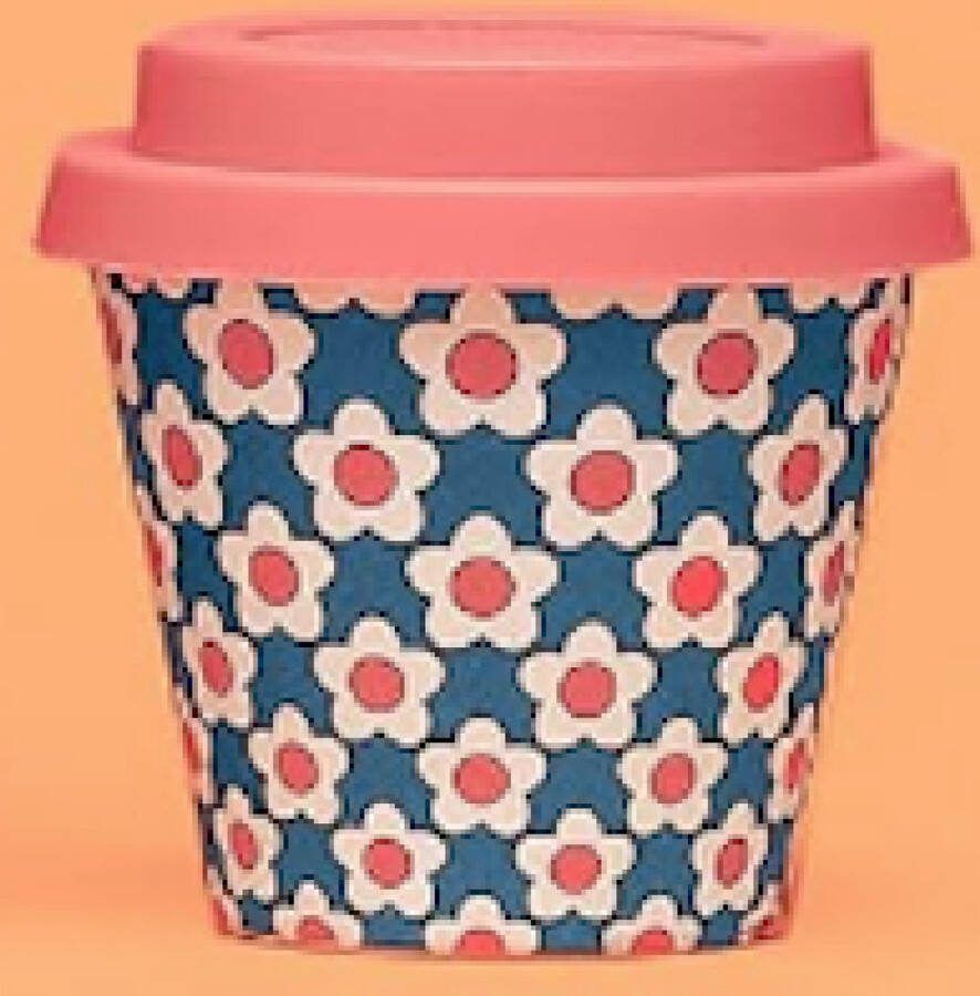 Quy cup 90ml Ecologische Reis Beker Espressobeker “Daisy Blue” met Rode Siliconen deksel