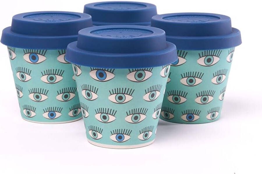 Quy cup 90ml Ecologische Reis Beker Espressobeker “Eyes” met Blauw Siliconen deksel
