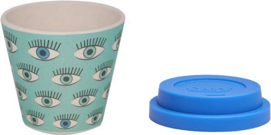 Quy cup 90ml Ecologische Reis Beker Espressobeker “Eyes” met Blauw Siliconen deksel