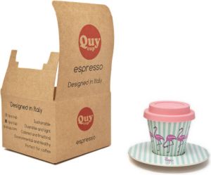 Quy cup 90ml Ecologische Reis Beker Espressobeker “Flamingo” met schotel en Rose Siliconen deksel Set 1 Espresso Cup with Dish