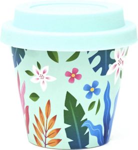 Quy cup 90ml Ecologische Reis Beker Espressobeker “Flower” met Blauw Siliconen deksel