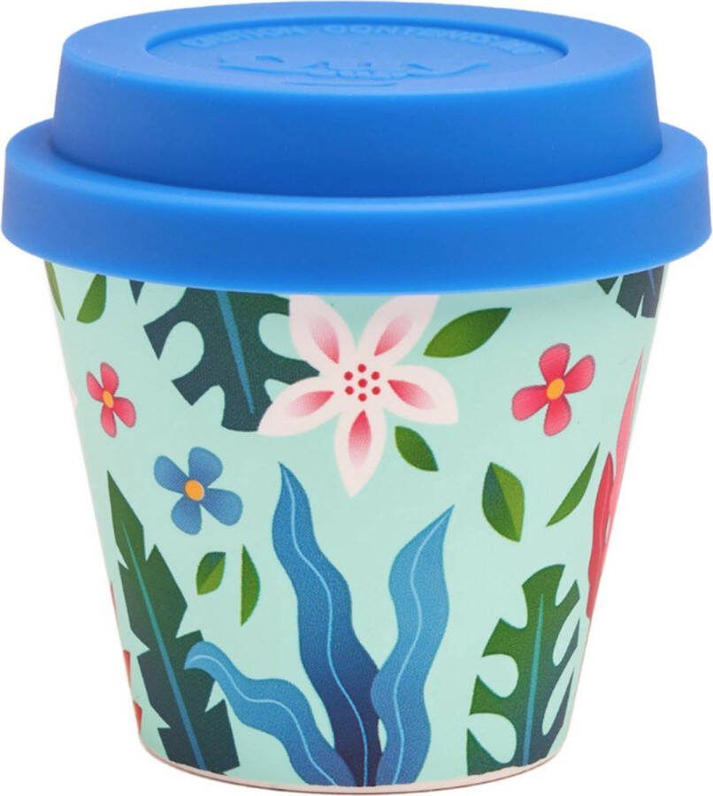 Quy cup 90ml Ecologische Reis Beker Espressobeker “Flower” met blauw Siliconen deksel 7x7x7cm