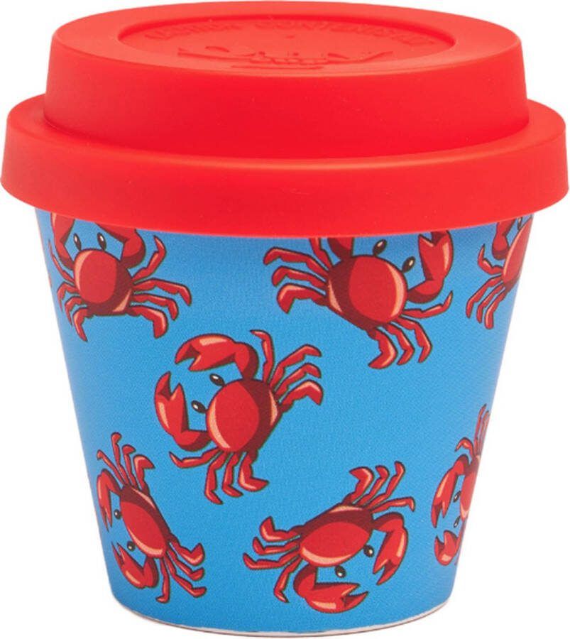Quy cup 90ml Ecologische Reis Beker Espressobeker “Granchi Krabben” met rood Siliconen deksel 7x7x7cm
