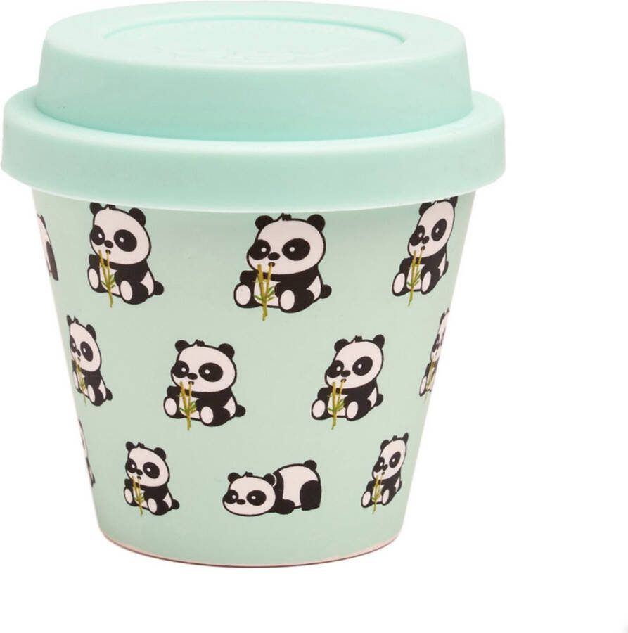 Quy cup 90ml Ecologische Reis Beker Espressobeker “Il Panda” met blauw Siliconen deksel 7x7x7cm
