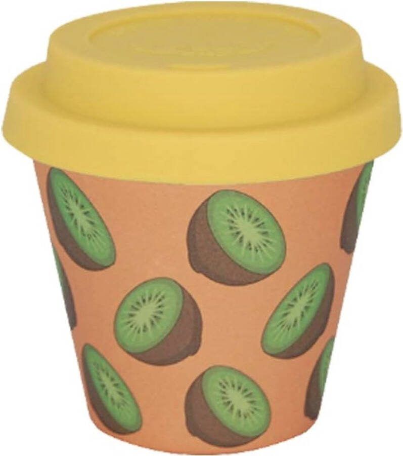 Quy cup 90ml Ecologische Reis Beker Espressobeker “Kiwi” met gele Siliconen deksel 7x7x7cm