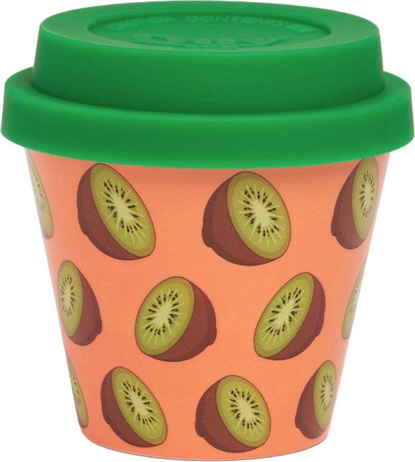 Quy cup 90ml Ecologische Reis Beker Espressobeker “Kiwi” met groen Siliconen deksel 7x7x7cm