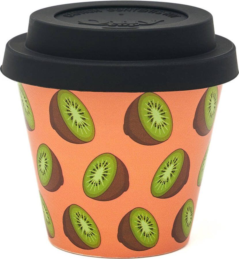 Quy cup 90ml Ecologische Reis Beker Espressobeker “kiwi” met Zwarte Siliconen deksel