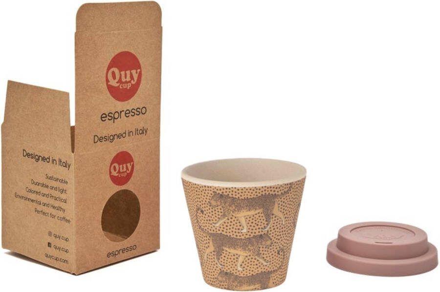 Quy cup 90ml Ecologische Reis Beker Espressobeker “Luipaard” met beige Siliconen deksel 7x7x7cm