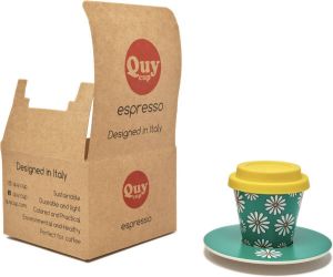 Quy cup 90ml Ecologische Reis Beker Espressobeker “Margherite” met schotel en Gele Siliconen deksel Set 1 Espresso Cup with Dish