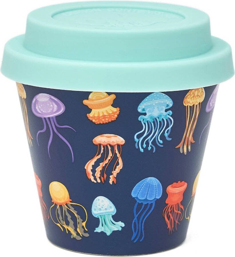 Quy cup 90ml Ecologische Reis Beker Espressobeker “Meduse Kwallen” met licht blauw Siliconen deksel 7x7x7cm