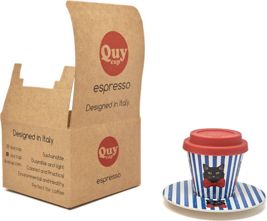 Quy cup 90ml Ecologische Reis Beker Espressobeker “Miao” met schotel en Rode Siliconen deksel Set 1 Espresso Cup with Dish