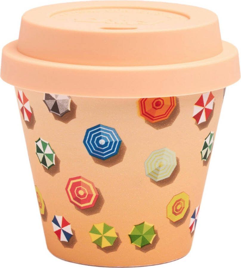 Quy cup 90ml Ecologische Reis Beker Espressobeker “Ombrelloni met beige Siliconen deksel 7x7x7cm