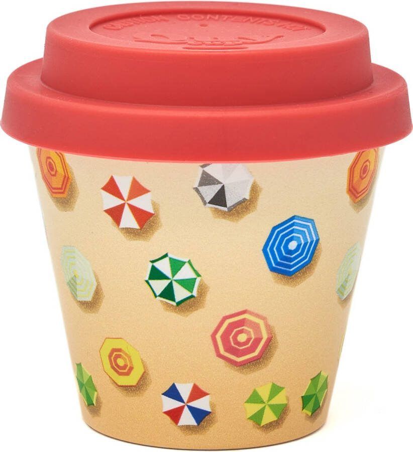 Quy cup 90ml Ecologische Reis Beker Espressobeker “Ombrelloni” met Rode Siliconen deksel