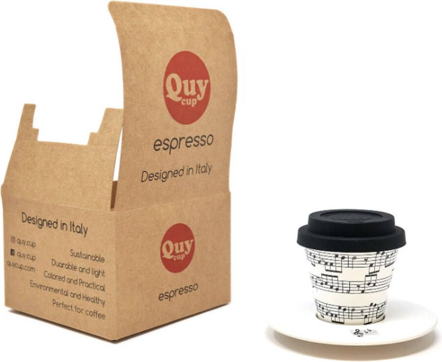 Quy cup 90ml Ecologische Reis Beker Espressobeker “Opera” met schotel en Zwarte Siliconen deksel Set 1 Espresso Cup with Dish