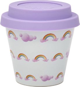 Quy cup 90ml Ecologische Reis Beker Espressobeker “Over The Rainbow” met Purple Siliconen deksel
