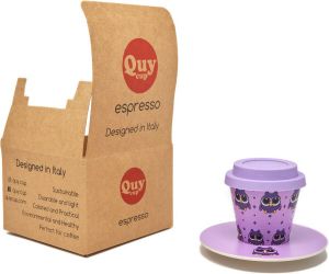 Quy cup 90ml Ecologische Reis Beker Espressobeker “Owl” met schotel en Purple Siliconen deksel Set 1 Espresso Cup with Dish