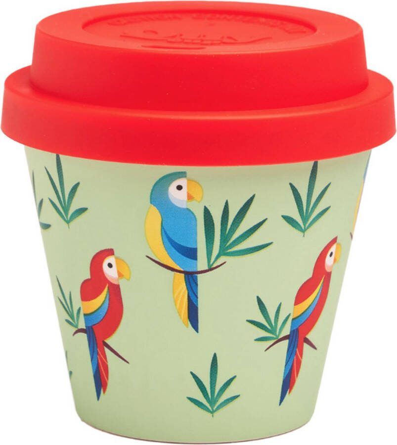 Quy cup 90ml Ecologische Reis Beker Espressobeker “Papegaai” met rood Siliconen deksel 7x7x7cm