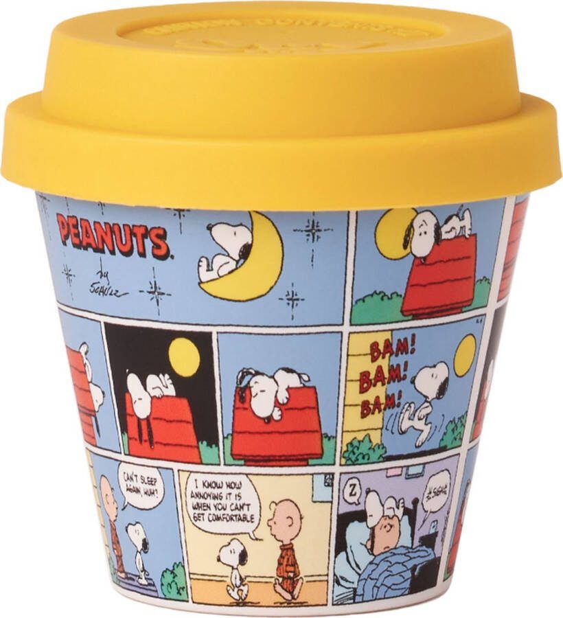 Quy cup 90ml Ecologische Reis Beker Espressobeker Peanuts Snoopy 10 Fumetto Stripboek” met Gele Siliconen deksel 7x7x7cm