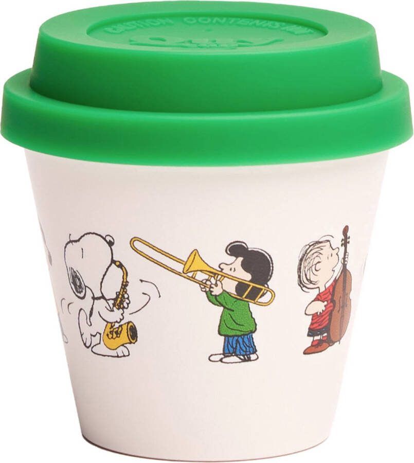 Quy cup 90ml Ecologische Reis Beker Espressobeker Peanuts Snoopy 11 Opera” met Groen Siliconen deksel 7x7x7cm