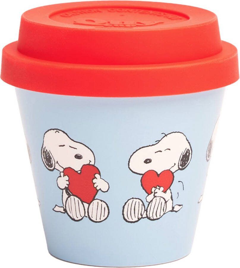 Quy cup 90ml Ecologische Reis Beker Espressobeker Peanuts Snoopy 12 Love” met Rode Siliconen deksel 7x7x7cm