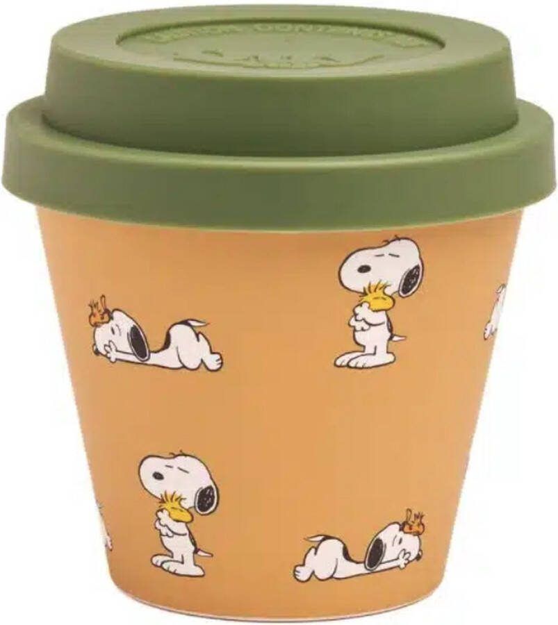 Quy cup 90ml Ecologische Reis Beker Espressobeker Peanuts Snoopy 14 Woodstock” met Donker Groen Siliconen deksel 7x7x7cm