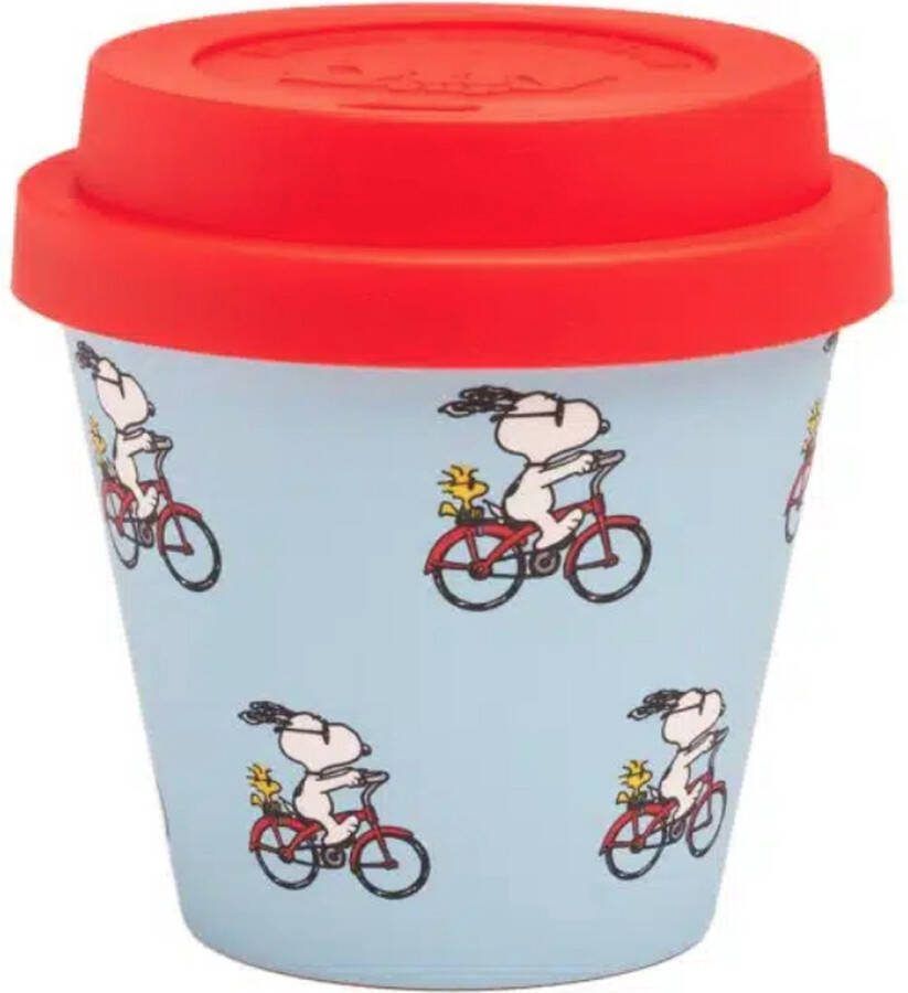 Quy cup 90ml Ecologische Reis Beker Espressobeker Peanuts Snoopy 15 BICI (Fietsen)” met Rode Siliconen deksel 7x7x7cm