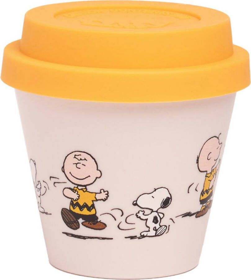 Quy cup 90ml Ecologische Reis Beker Espressobeker Peanuts Snoopy 8 Dancing” met gele Siliconen deksel 7x7x7cm
