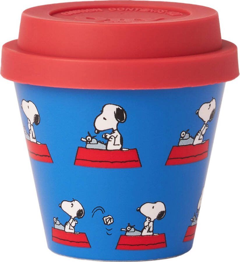 Quy cup 90ml Ecologische Reis Beker Espressobeker Peanuts Snoopy 9 Writing” met Rode Siliconen deksel 7x7x7cm
