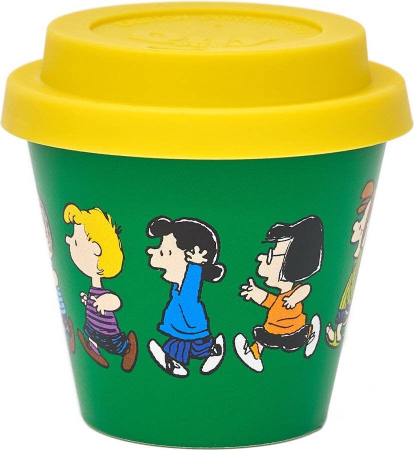 Quy cup 90ml Ecologische Reis Beker Espressobeker “Peanuts Snoopy Race Green” met Gele Siliconen deksel