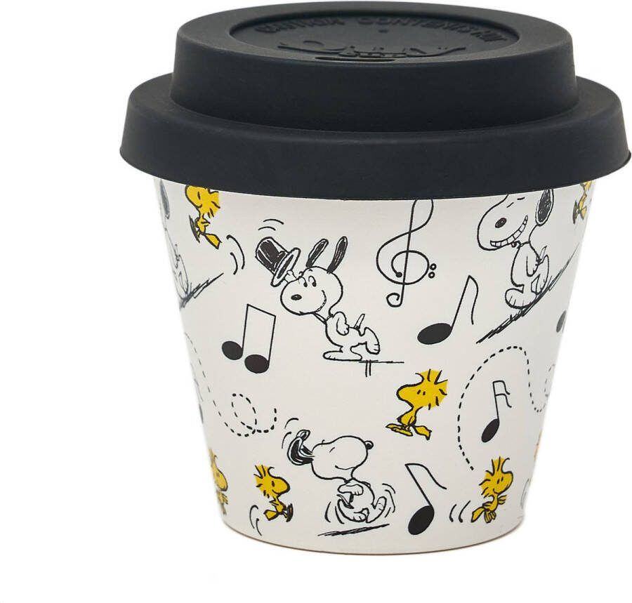 Quy cup 90ml Ecologische Reis Beker Espressobeker “Peanuts Snoopy Music” met Zwarte Siliconen deksel