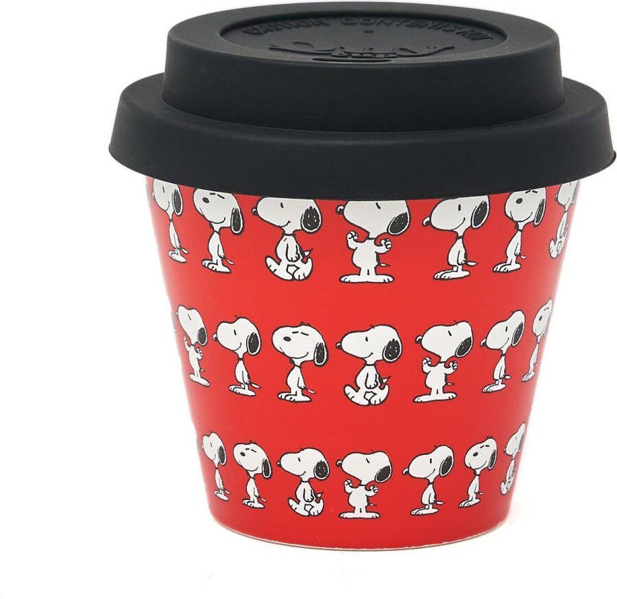 Quy cup 90ml Ecologische Reis Beker Espressobeker “Peanuts Snoopy Red” met Zwarte Siliconen deksel
