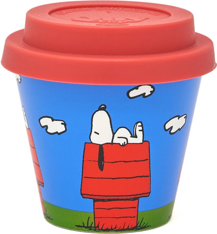 Quy cup 90ml Ecologische Reis Beker Espressobeker “Peanuts Snoopy Sit” met Roze Siliconen deksel
