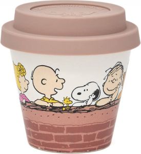 Quy cup 90ml Ecologische Reis Beker Espressobeker “Peanuts Snoopy Wall” met Lichte Perzik Siliconen deksel