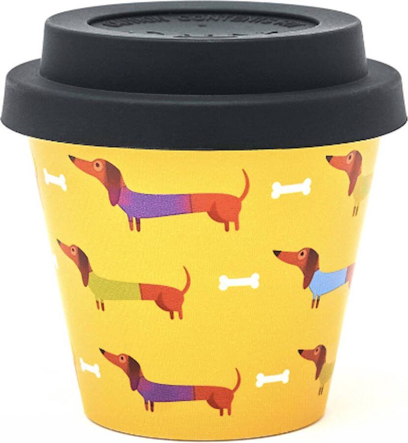 Quy cup 90ml Ecologische Reis Beker Espressobeker “Pedro Dachshund” met Zwarte Siliconen deksel